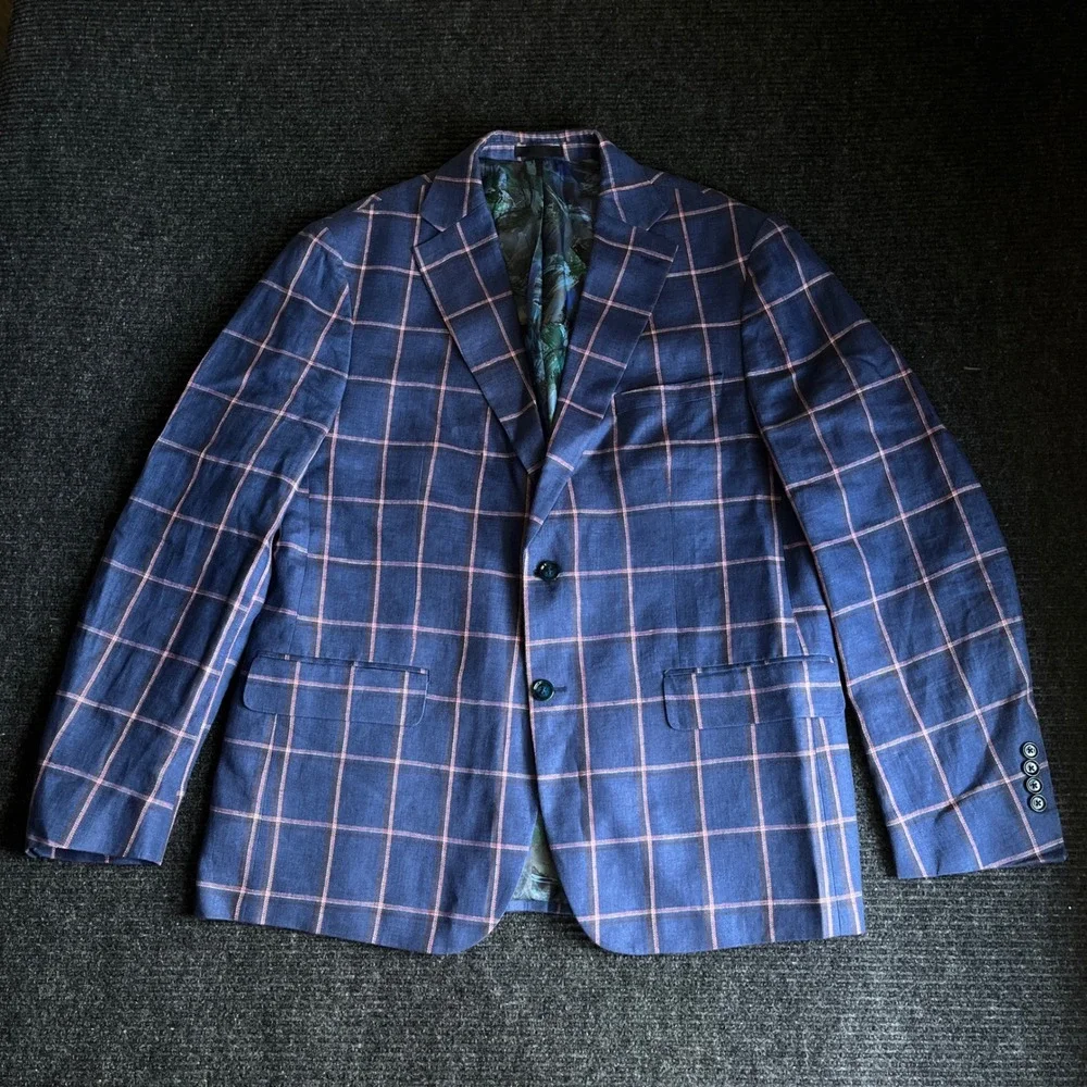 Tallia Mens 44R Blue Pink Windowpane Plaid 100% Linen Sport Coat Blazer Jacket